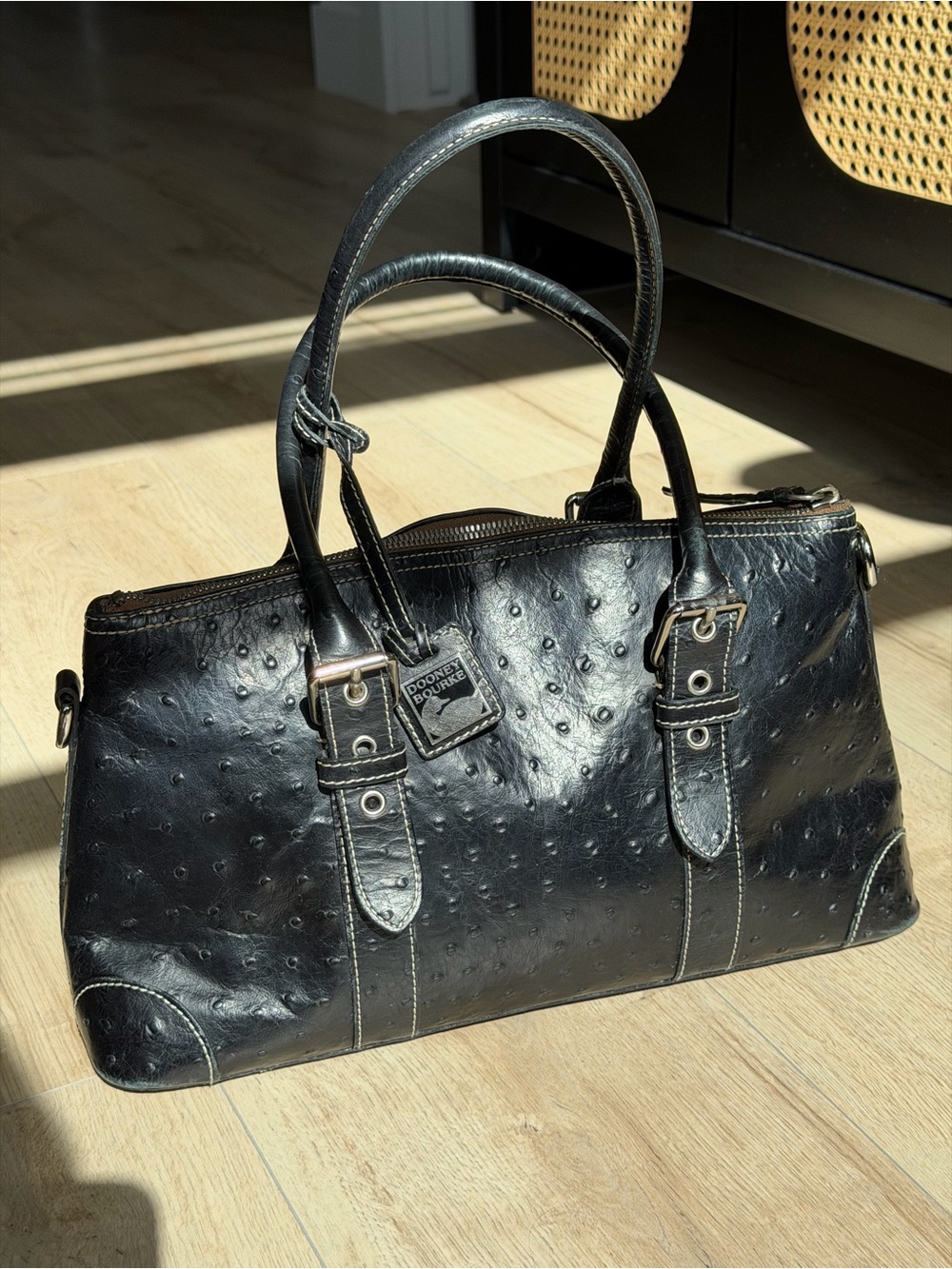 Dooney & Bourke Black Ostrich-Embossed Leather Top-Handle Handbag